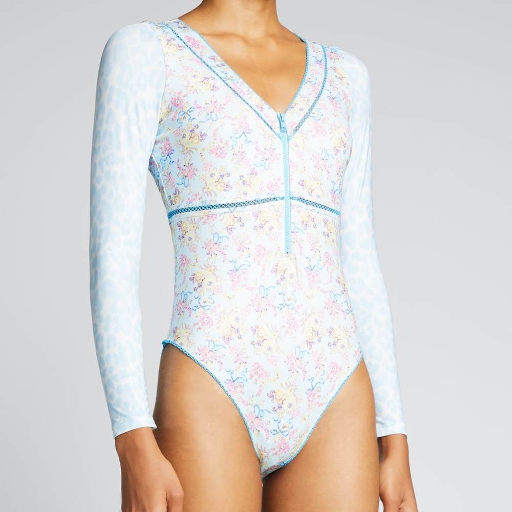 Loveshackfancy swim suit xl pastel blue floral leopard full piece